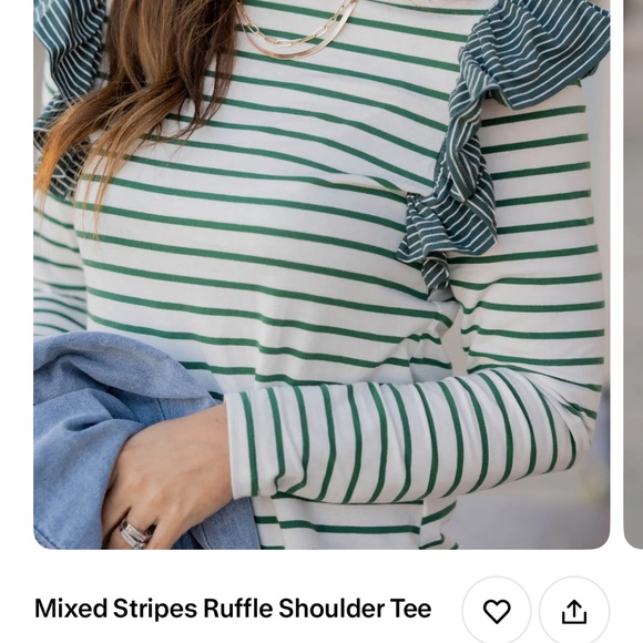 Doe & Rae Green and White Ruffle Shoulder Blouse - Picture 2 of 6